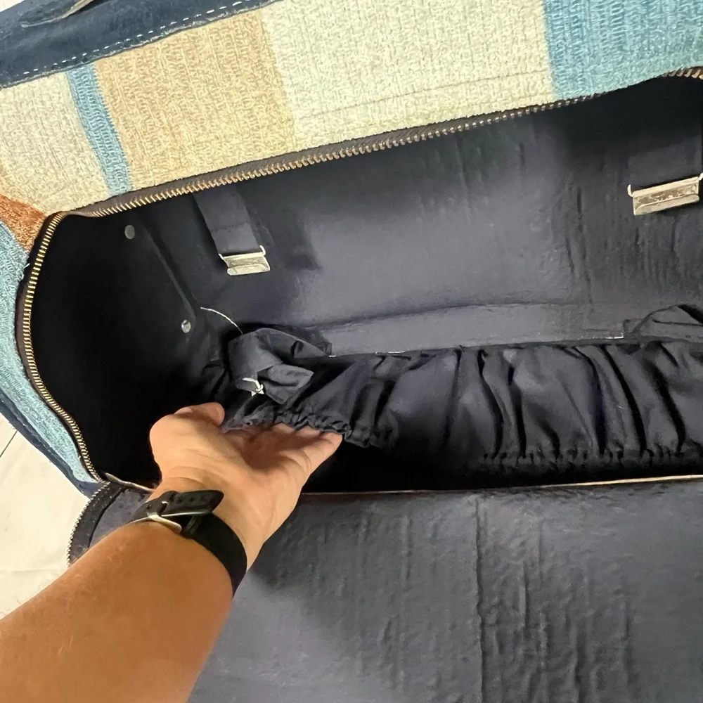 Vintage French Blue suede, striped fabric luggage, travel suitcase rare
